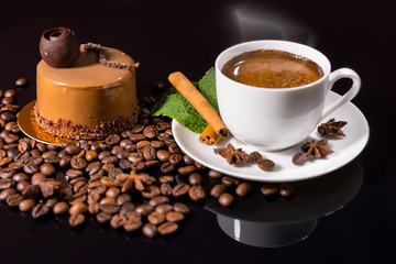 Black Coffee with Gourmet Chocolate Cake and Beans