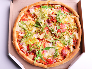 Fresh pizza in carton box  closeup