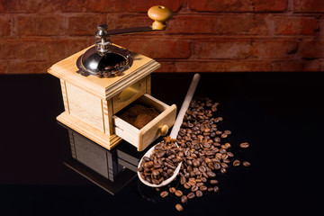 Roasted Coffee Beans with Traditional Hand Grinder
