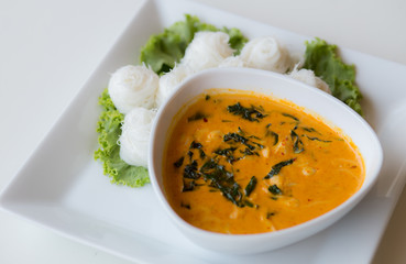 Crab meat coconut milk curry with rice noodle, Thai spicy soup c