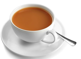 Porcelain cup of tea with milk isolated on white background