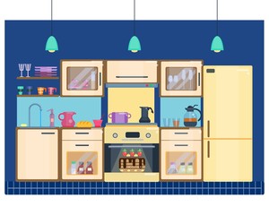 Kitchen room interior with utensils, appliances and furniture. Stove and oven, fridge and kitchen furniture. Flat home interior. Vector illustration