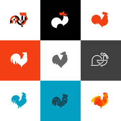 Rooster and cock. Flat design style vector illustrations set of icons and logos