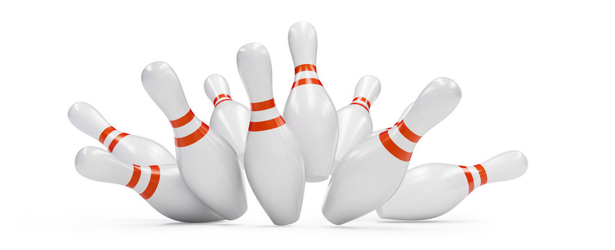 bowling strike 3D rendering, on a white background