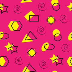 Memphis pattern of geometric shapes. Pink and yellow background