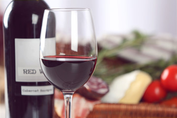 Glass of wine with food closeup