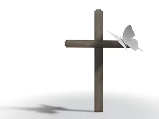 Fotobehang vlinder daalt neer op houten kruis © emieldelange