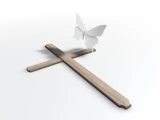 Foto op Canvas Papieren vlinders bij houten kruis © emieldelange