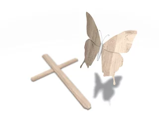 Fotobehang Vlinder en houten kruis © emieldelange