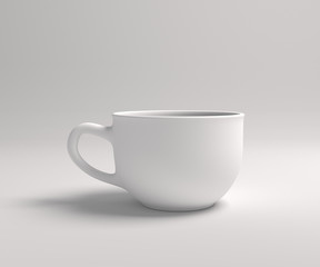 White cup studio shot on solid background. Coffee or tea mug. 3D model of tableware.