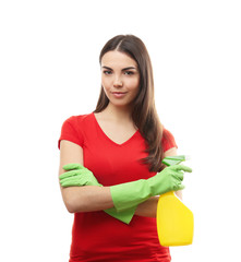 Young woman holding detergent spray, isolated on white