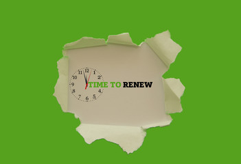 TIME TO RENEW message written under torn paper.