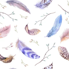Fototapete Aquarellfedern Federn wiederholendes Muster. Aquarellhintergrund mit nahtlosem