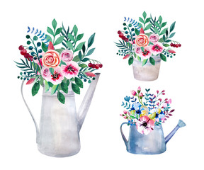 Set of watercolor bouquets. spring flowers in pot. Rustic