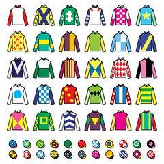 Jockey uniform - jackets, silks and hats, horse riding icons set
- 109603743