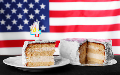 Piece of American flag cake. Fourth of July day concept.