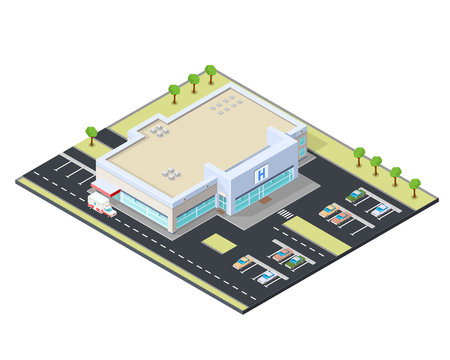 Isometric vector illustration of a modern hospital icon.
Health service building - medicine and treatment concept.