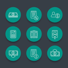 Bookkeeping line icons, finance, tax, accounting green round icons set, vector illustration