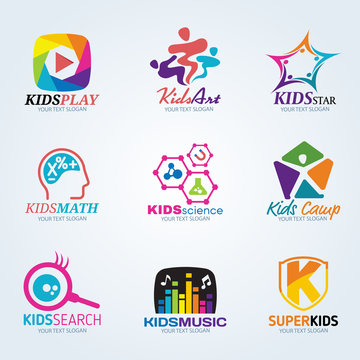 Kids child for art and summer camp logo vector set design