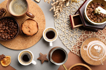 Still life of aromatic coffee on table, top view