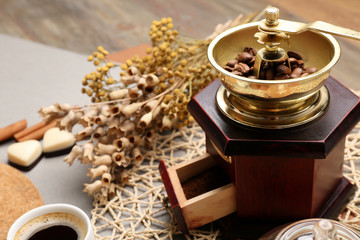 Still life of aromatic coffee on table closeup