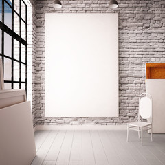 interior with a window in the loft-style with posters and paintings. 3d