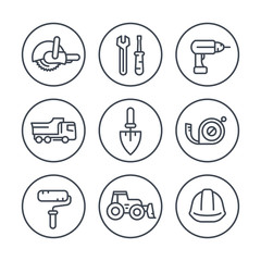 construction line icons in circles, construction tools and equipment linear signs, pictograms, vector illustration