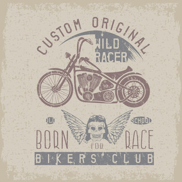 wild racer grunge vintage print with motorcycle, wings and skull