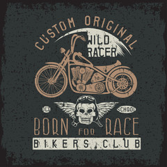 wild racer grunge vintage print with motorcycle, wings and skull