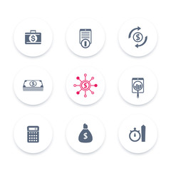 finance, investments, capital round icons set, vector illustration