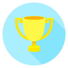 Simple flat icon gold cup winner with two handles on a pedestal.
