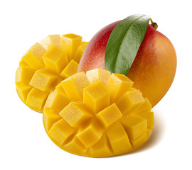 Mango whole cut served isolated on white background