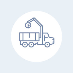 Truck with loader line icon, heavy transport vehicle pictogram, round isolated icon, vector illustration