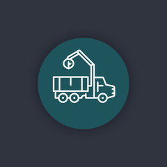 Truck with loader linear icon, heavy transport vehicle sign, flat round icon, vector illustration