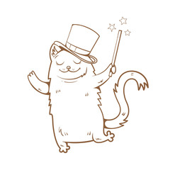 Magic card with cute cartoon  cat  in  hat magician. Magic wand. Vector image. Children's illustration. Vector image. Transparent background. Contour image.