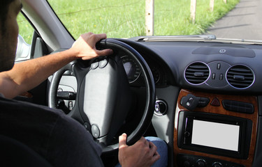 young man driving with isolated digital dashboard