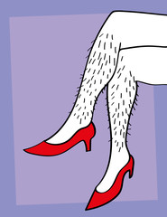 A pair of male or female hairy legs crossed and wearing red high heels