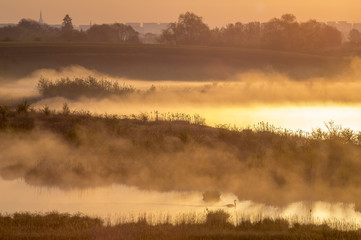 Piękny wschód słońca nad zamglonym jeziorem © Mike Mareen