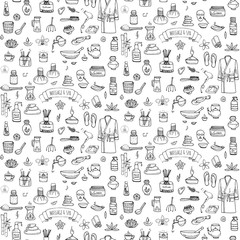 Fototapeta na wymiar Seamless background hand drawn doodle Massage and Spa icons set Vector illustration symbols collection Cartoon beauty care concept elements health care Wellness treatment Body massage Skin care Spa