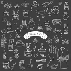 Hand drawn doodle Massage and Spa icons set Vector illustration relaxing symbols collection Cartoon beauty care concept elements health care Wellness treatment Body massage Lifestyle Skin care Spa
