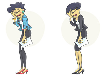 Business woman or a clerk holding her head in stress and despair because of business failure or stress at work. Set of two characters.