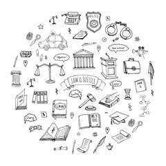 Hand drawn doodle Law and Justice icons set Vector illustration law sketchy symbols collection Cartoon law concept elements suitable for info graphics, websites and print media. Black and white icons