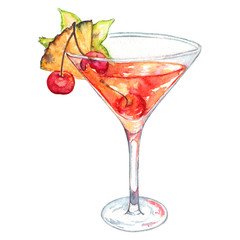 Watercolor cherry pineapple carambola alcohol cocktail isolated