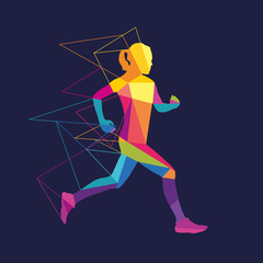 Vector image. Silhouette of a running woman multicolored polygons geometric shapes