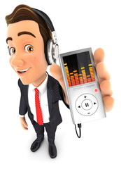 3d businessman listening music on mp3 player