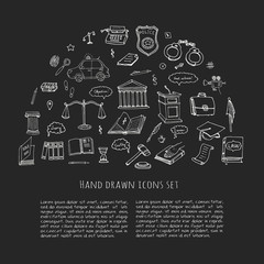 Fototapeta na wymiar Hand drawn doodle Law and Justice icons set Vector illustration law sketchy symbols collection Cartoon law concept elements suitable for info graphics, websites and print media. Black and white icons