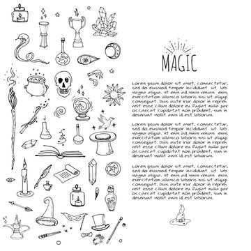 Hand drawn doodle Magic set Vector illustration wizardy, witchcraft symbols Isolated icons collections Cartoon sorcery concept elements Magic wand Love potion Fairy book Fairy tale Snake Crystal ball