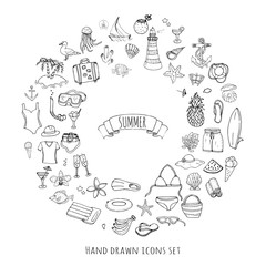 Hand drawn doodle summer set icons Vector illustration Sketchy summer holiday elements collection Isolated vacation objects Cartoon summer beach journey symbols Summertime traveling background