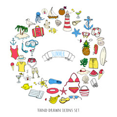 Hand drawn doodle summer set icons Vector illustration Sketchy summer holiday elements collection Isolated vacation objects Cartoon summer beach journey symbols Summertime traveling background