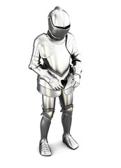 Figure of a knight in armor isolated on white background. Metal armor. Medieval armor. 3d render image